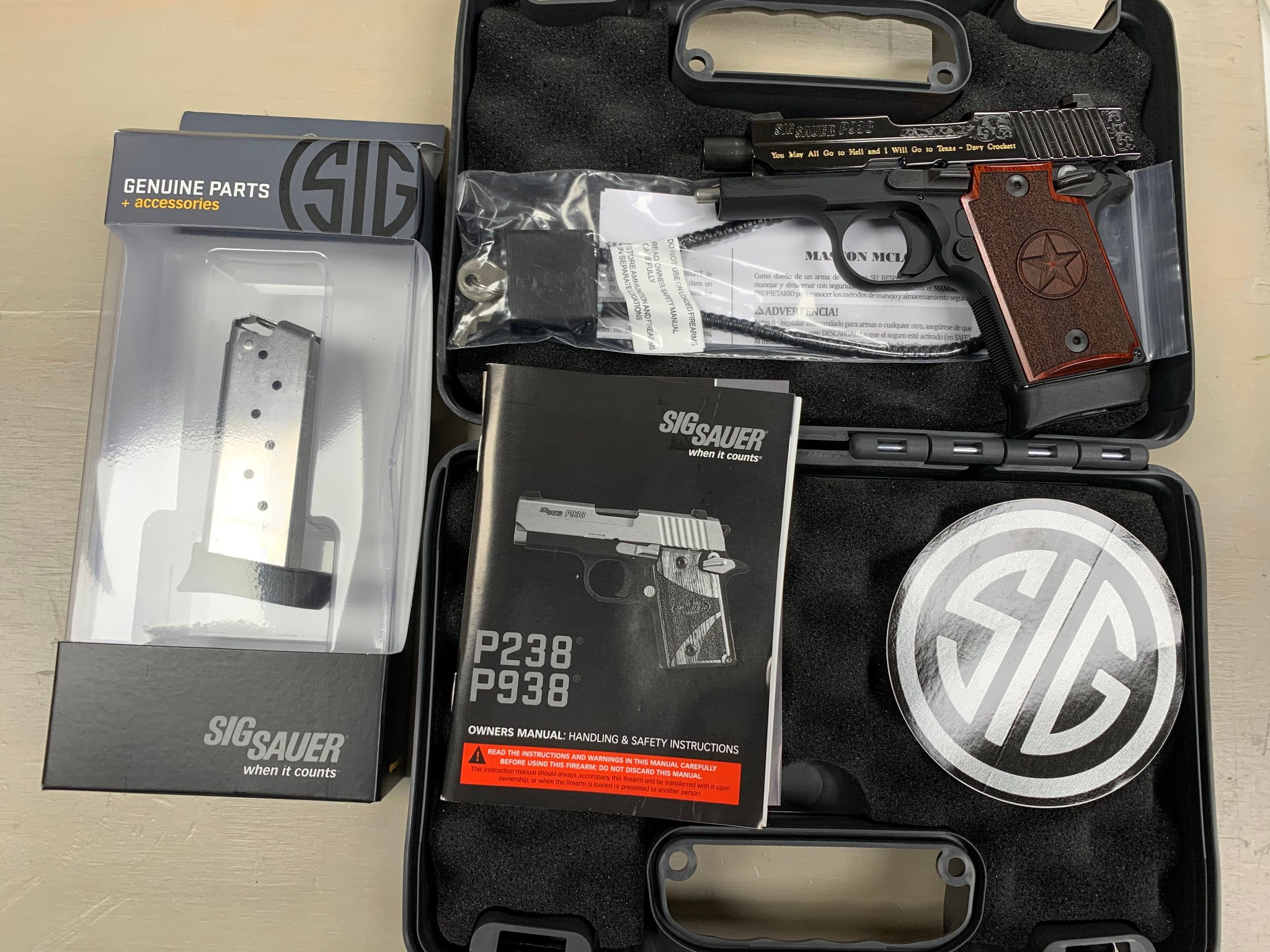 Sig Sauer P938 Texas Engraved Gold Two 7 Round Magazine - For Sale