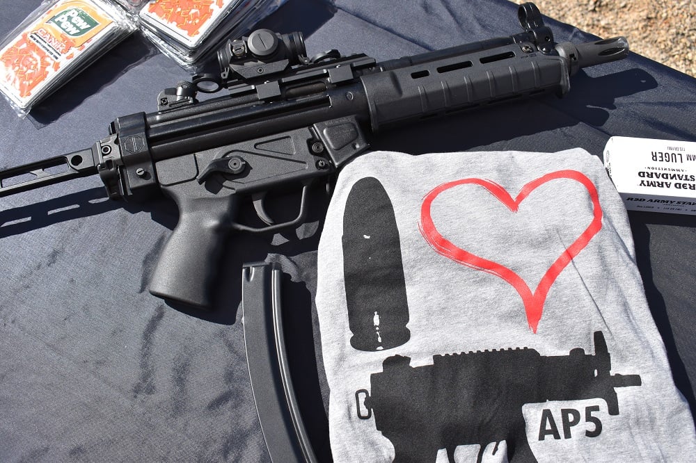 Century Arms AP5 or AP-5 on a table top with Red Army Standard ammo and a shirt that says, 