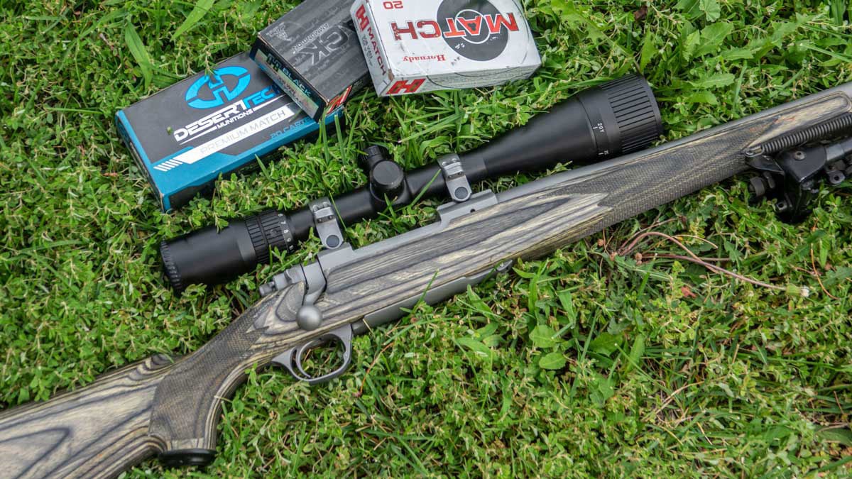 Ruger Model 77 rifle on grass with ammo