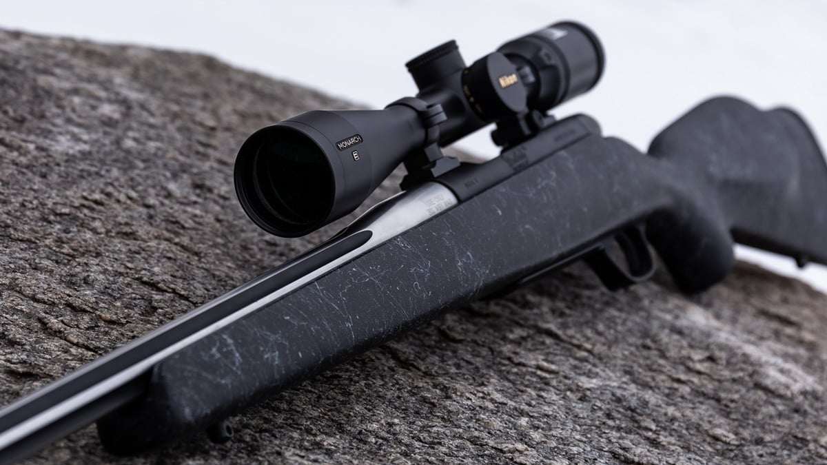Weatherby Vanguard rifle on rock outside