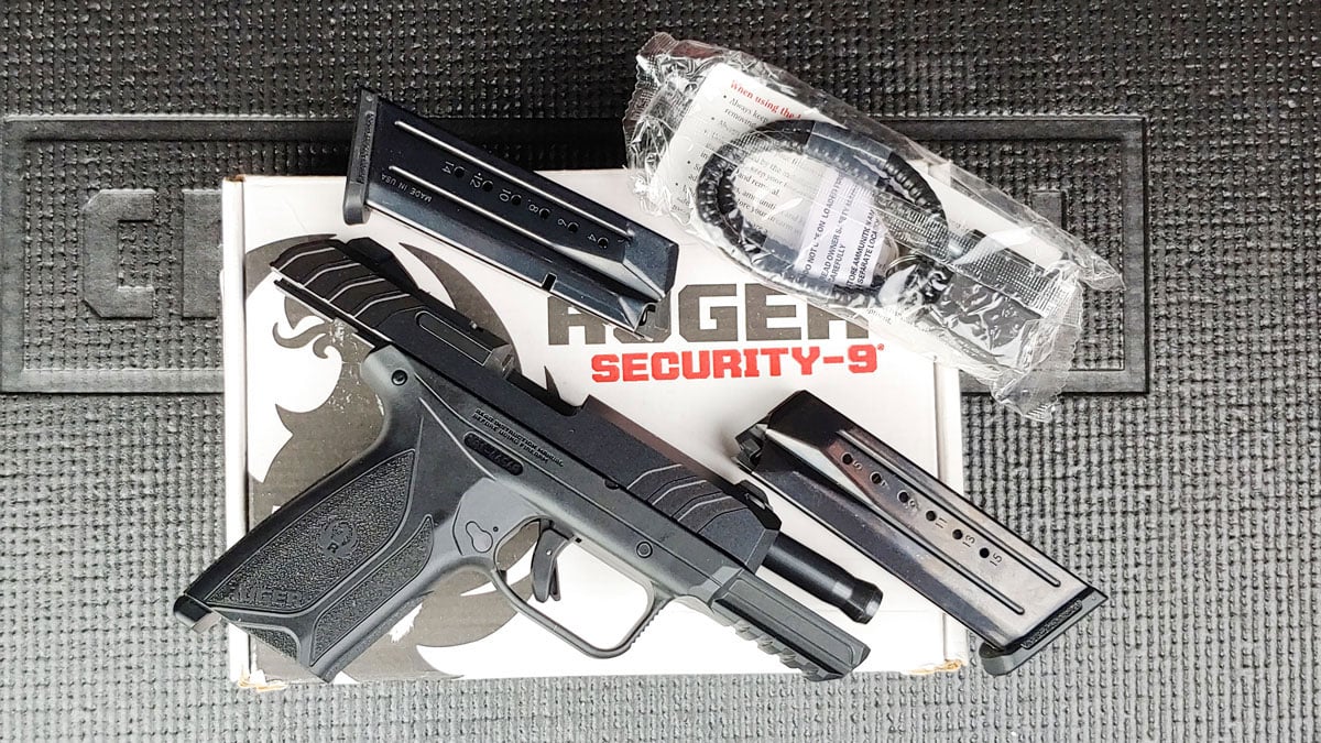 Ruger Security-9 Pistol sits on a rubber matt