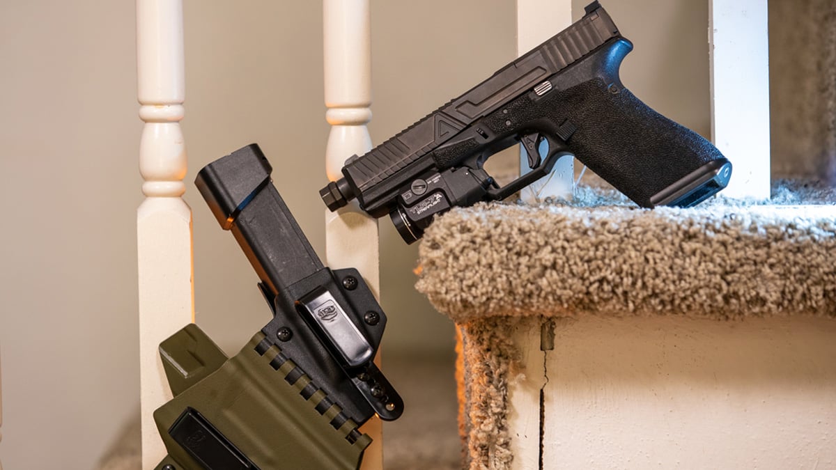 A custom Glock 17 on stairs for home defense