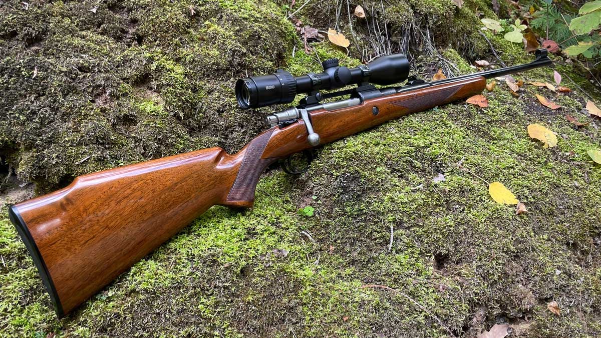 Browning High Power Safari Rifle on a mossy rock