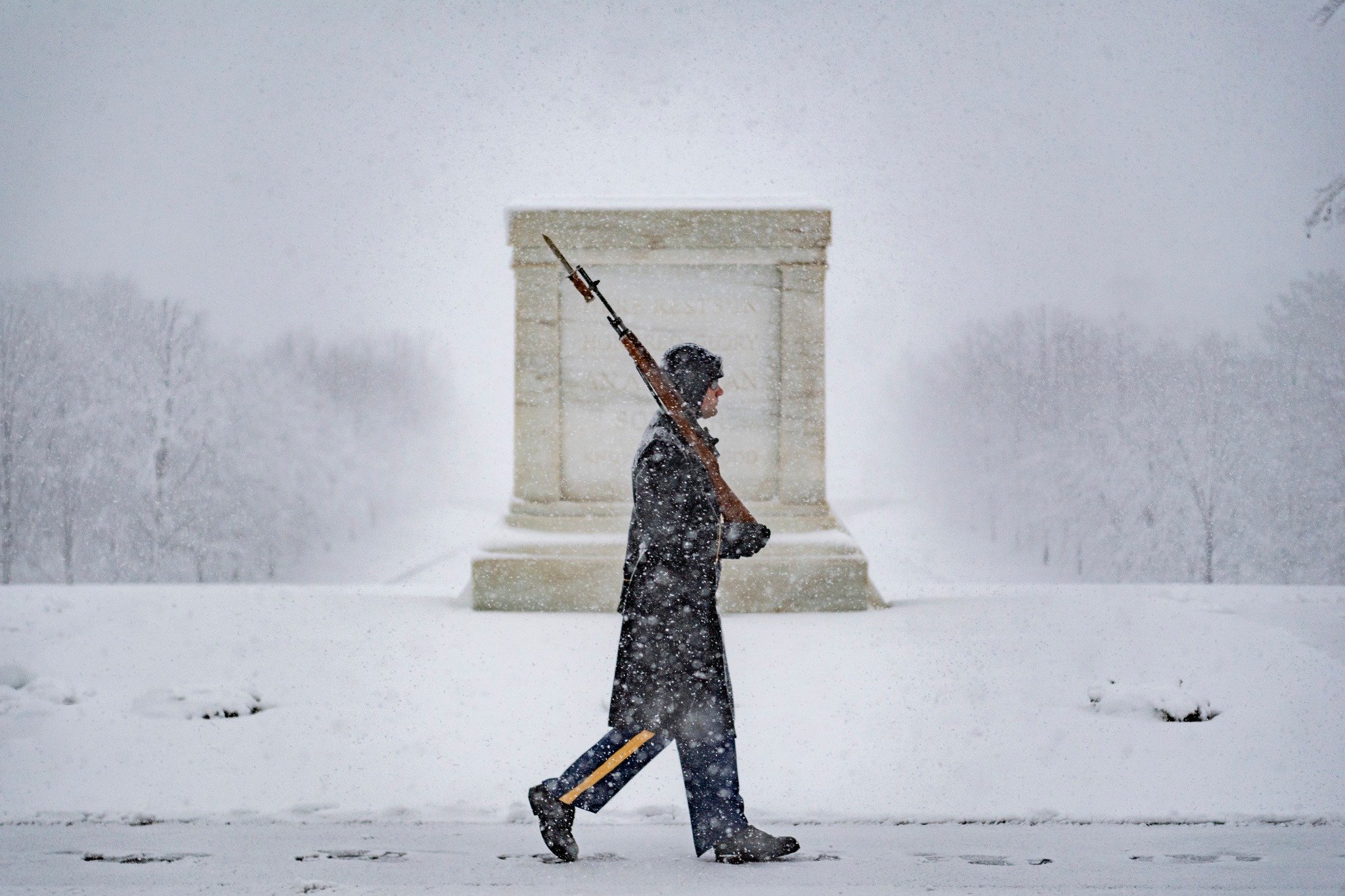 A Tomb Sentinel Arlington National Cemetery in heavy snowfall, January 2022
