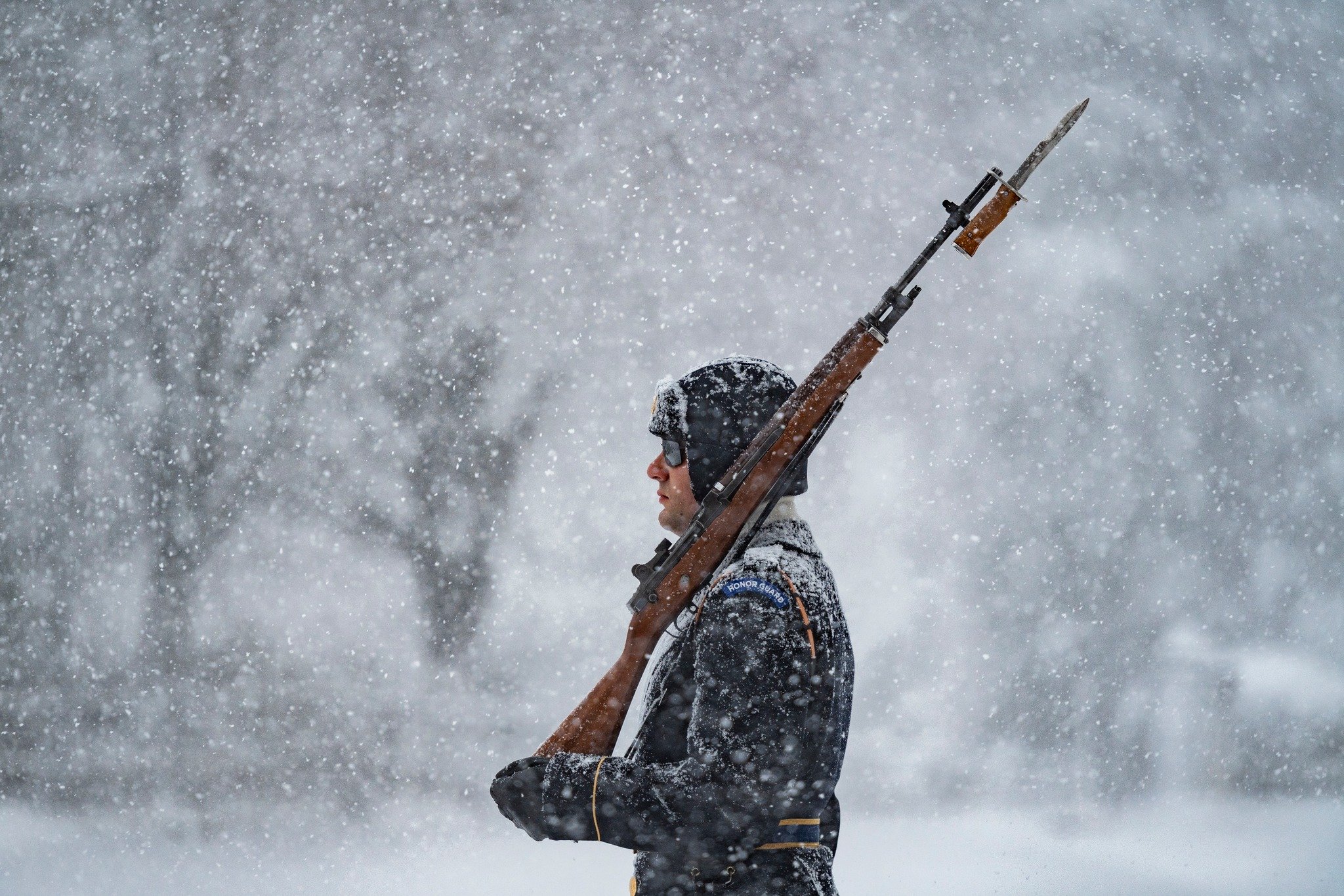 Arlington National Cemetery Tomb Sentinel in heavy snowfall, January 2022