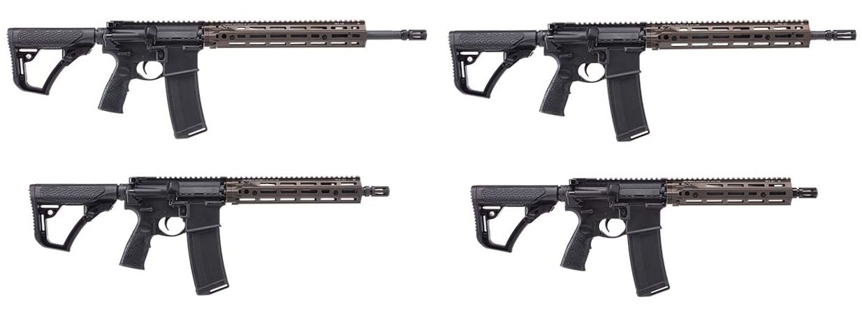 Four Daniel Defense RIII variant rifles on a white box