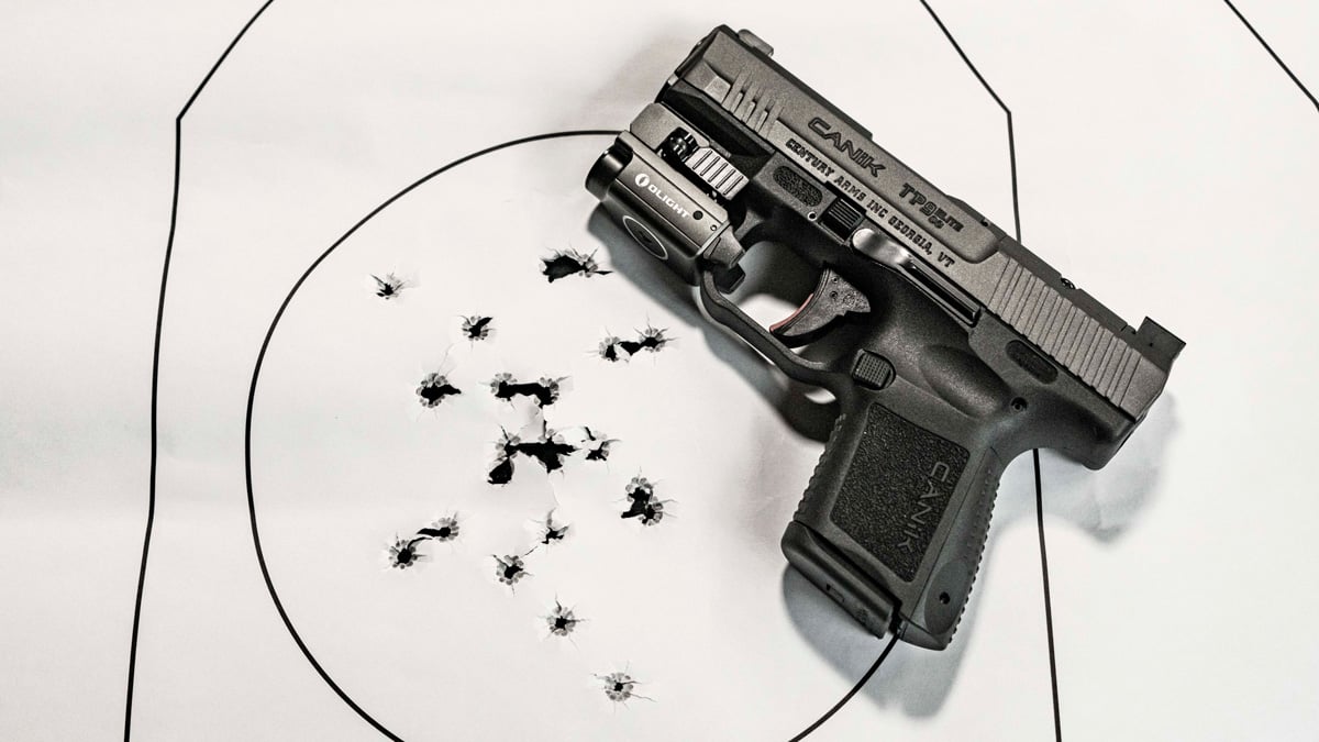 Canik TP9 Elite SC on a target