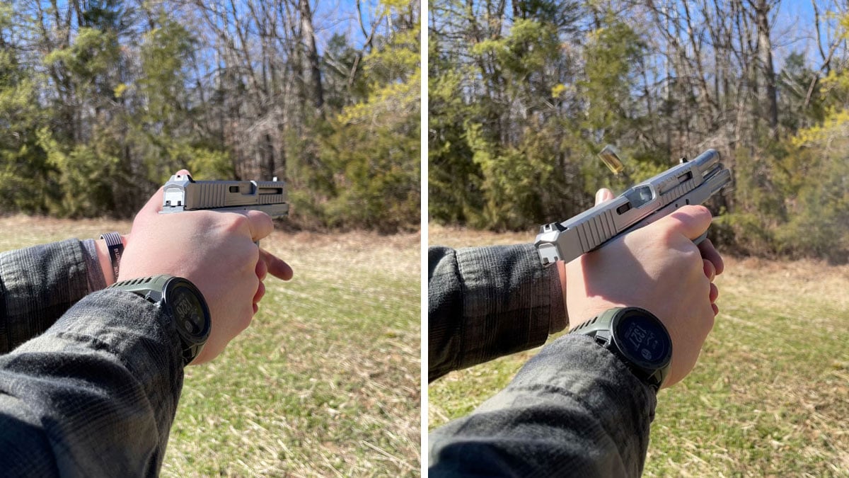 A pistol recoiling while shooting