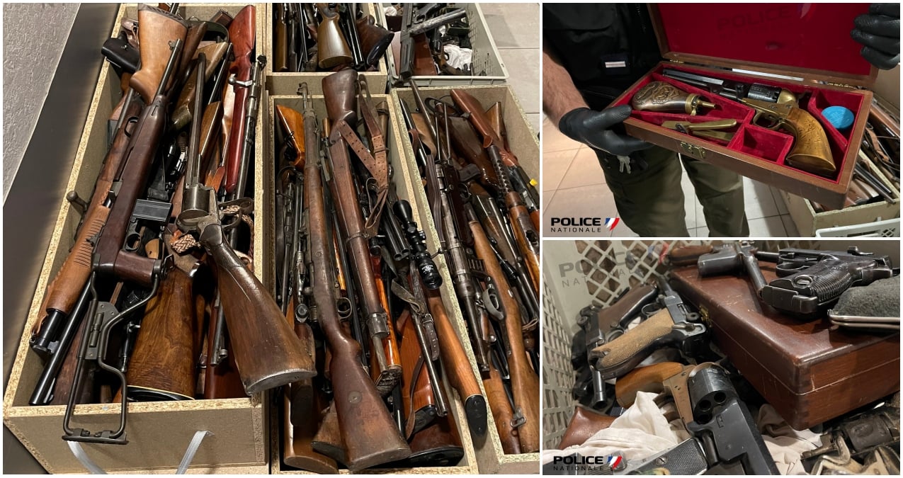 table of vintage guns turned in to French police