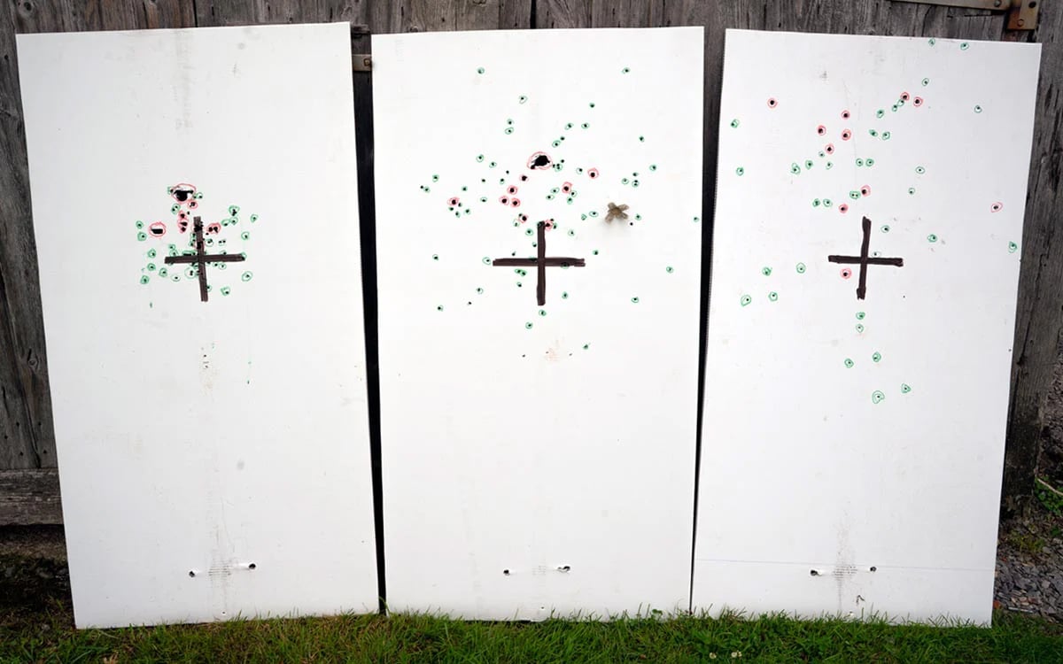 Targets shot with 12-gauge shotgun in pattern test