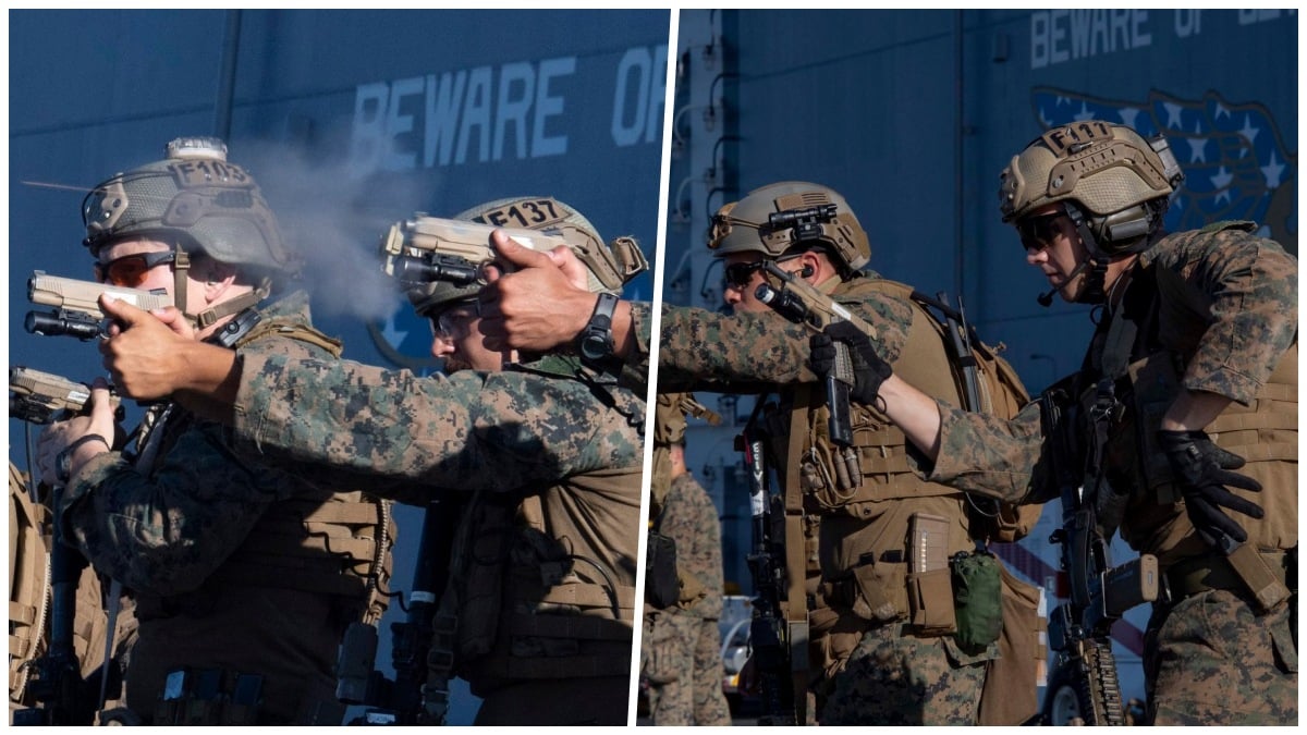 Marines of the 11th MEU aboard USS Boxer running their M45A1s in May 2019, with the pistol used for Close Quarters Battle