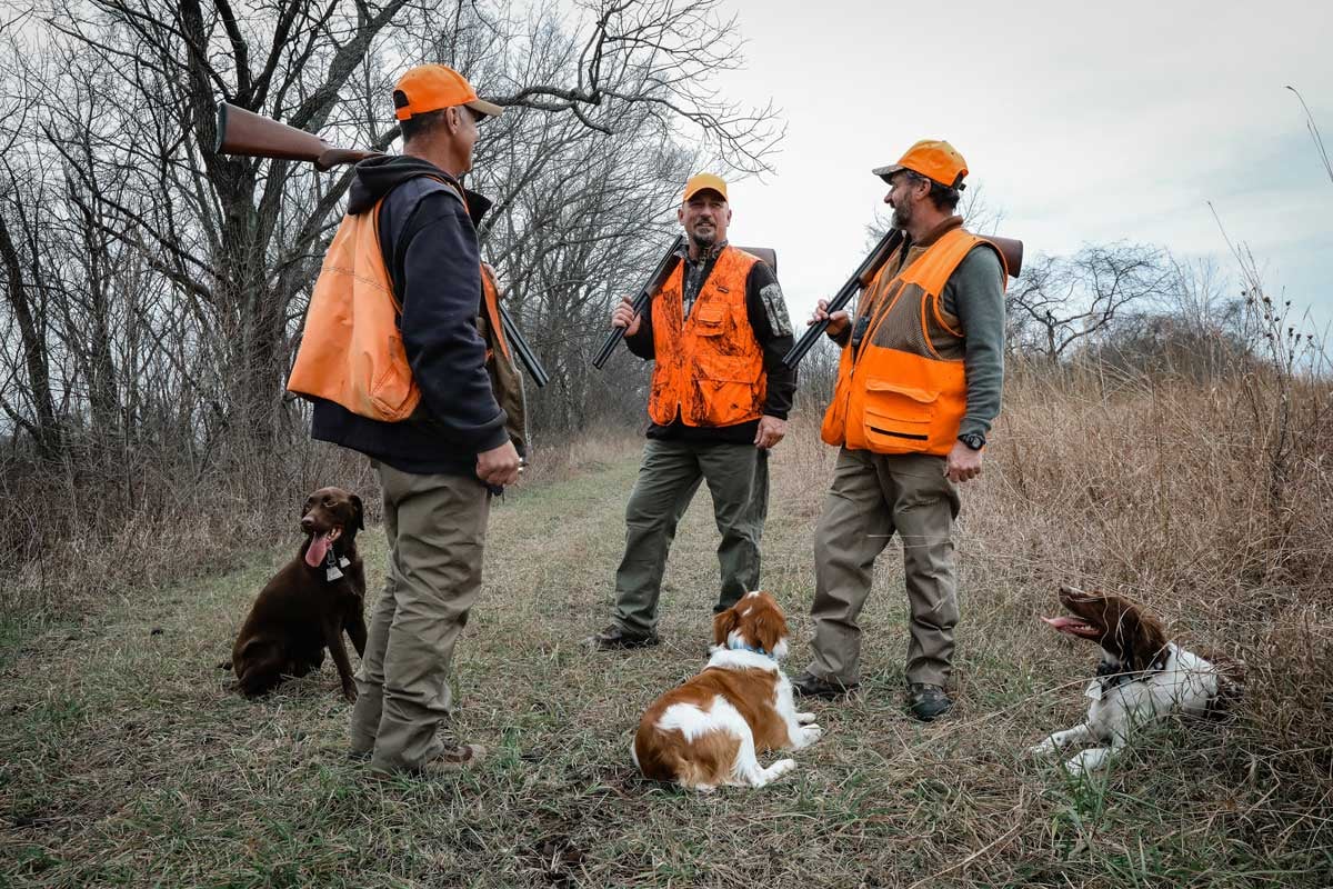 group of hunters with shotguns and dogs