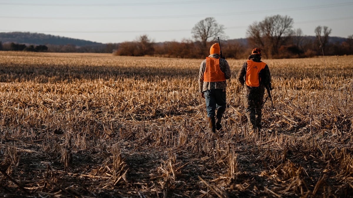Hunters wearing orange and camo walking in field