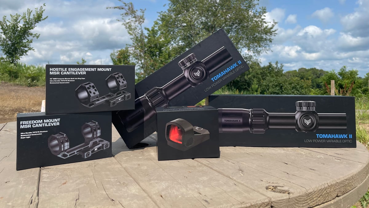 Packaging for Swampfox Tomahawk II riflescope with Liberty II red dot and mounts