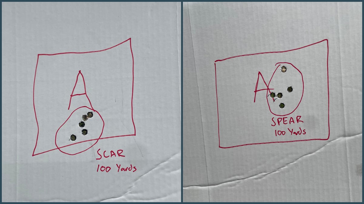 groupings on cardboard target shot at 100 yards