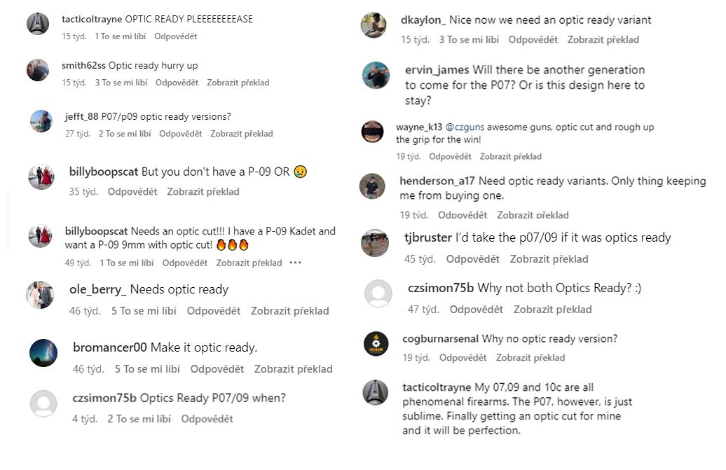 CZ social media screenshot complaining about optics cuts
