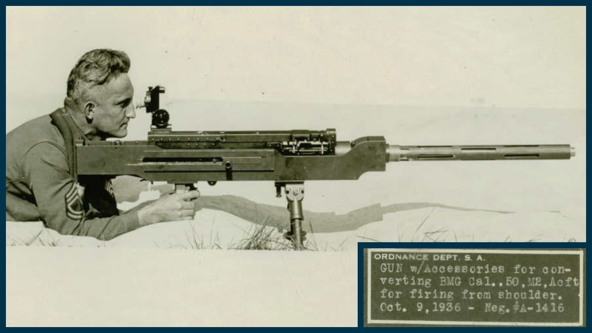 Browning machine gun with bipod and shoulder stock