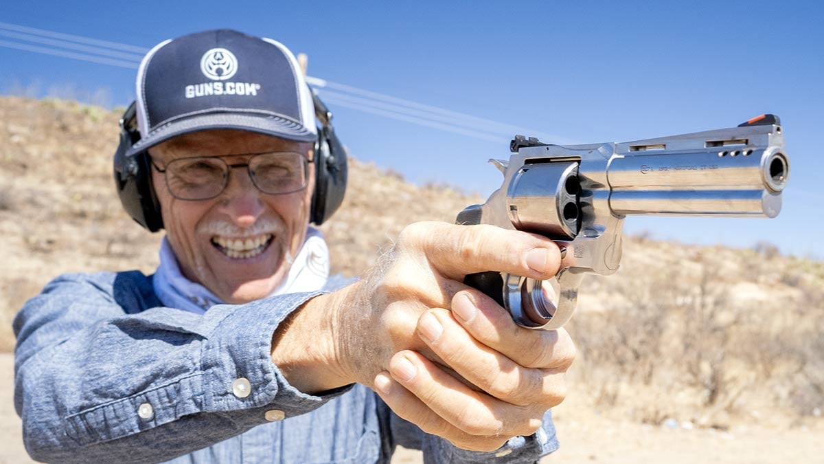 Ronbo aiming Grizzly revolver