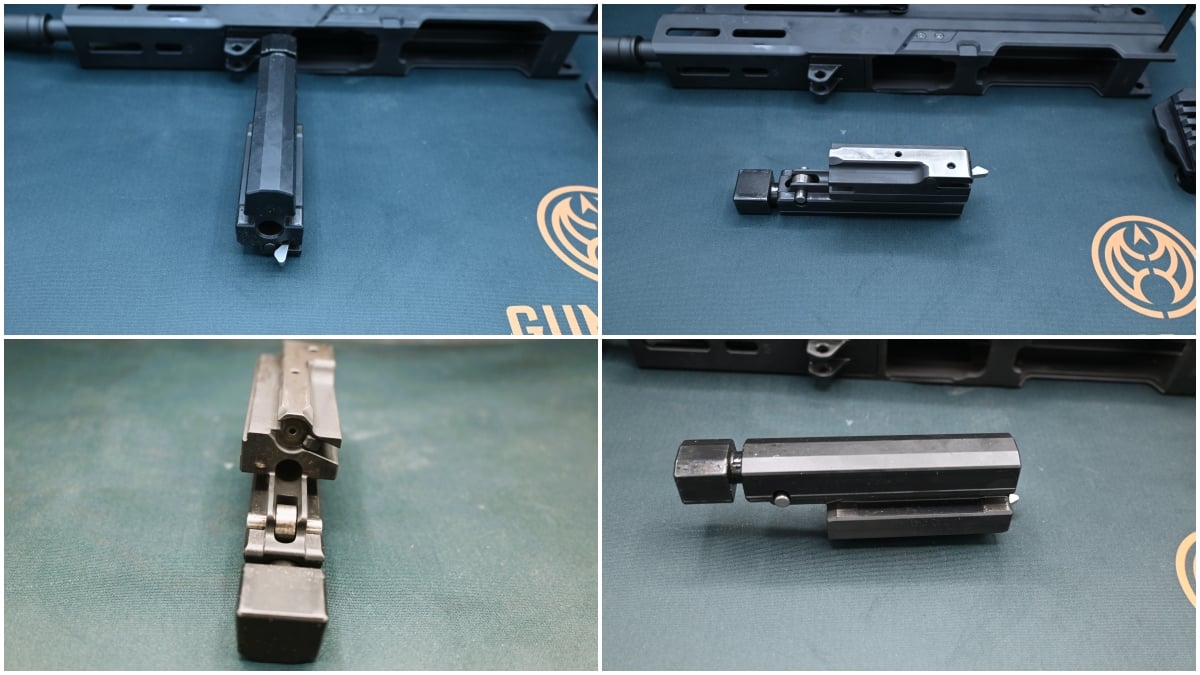 Springfield Armory Kuna field stripped showing the roller-delayed bolt assembly and recoil spring