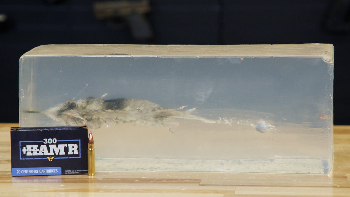 .300 HAM'R ammo with ballistic gel block