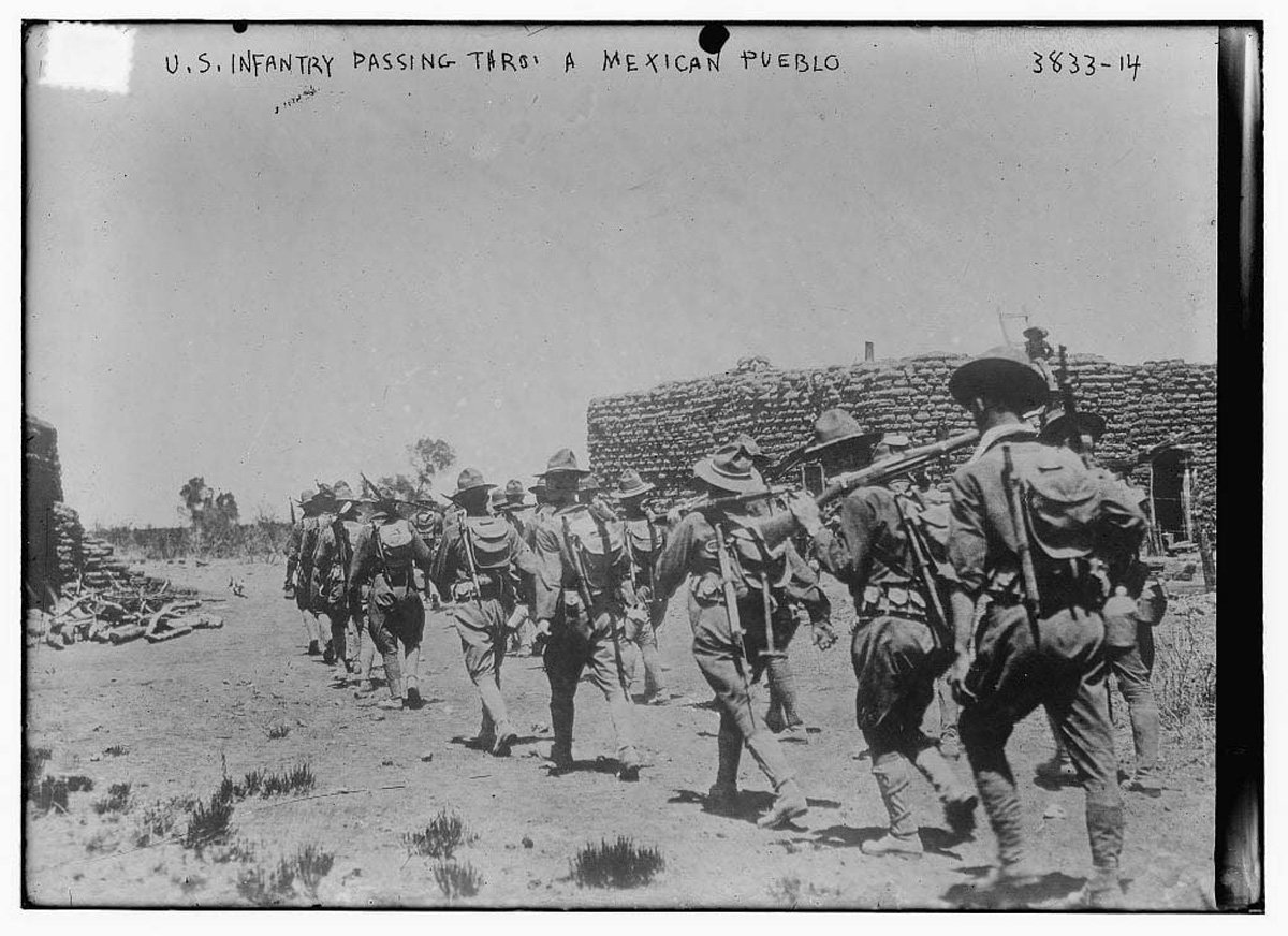 American troops march during the Pancho Villa Expedition in 1916. 