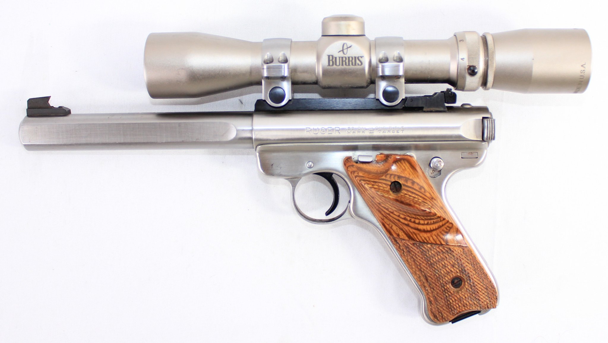 Ruger Mark Ii Target 22lr 7" Stainless Steel Slab Side Burris 2-7 Scope