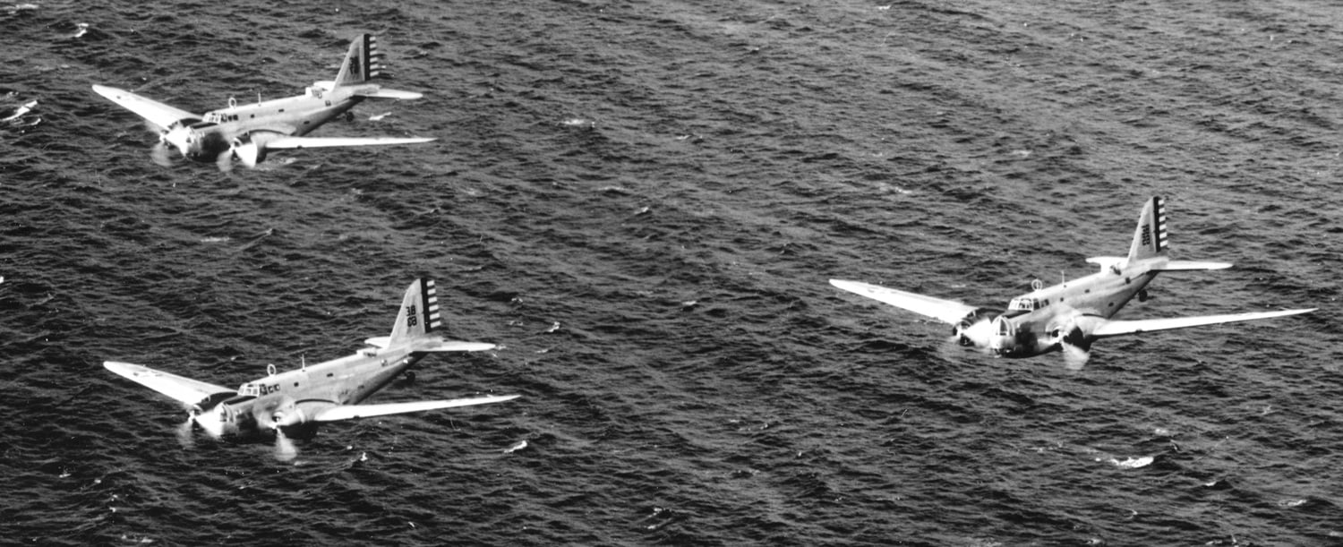 U.S. Army Air Corps B-18 Bolos in formation during exercises over Hawaii prior to World War II. 