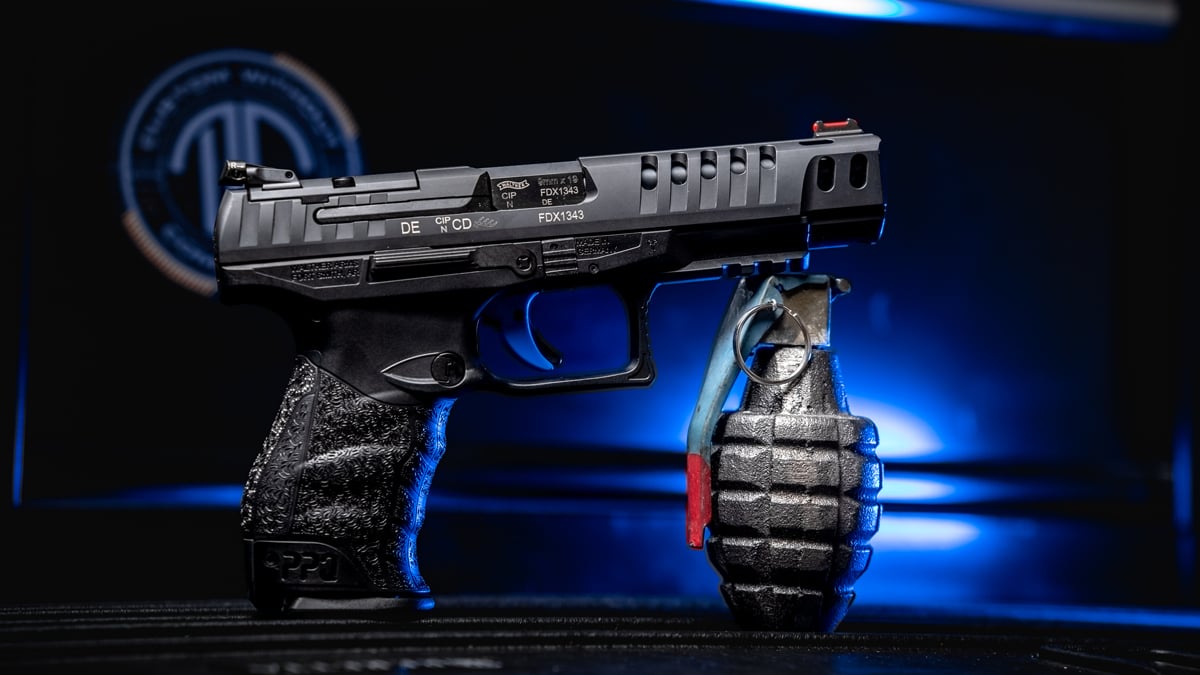 Walther PPQ Q5 Match with prop hand grenade