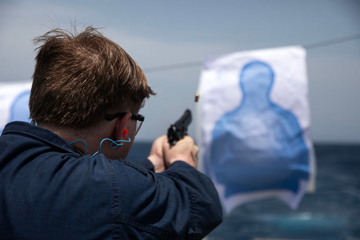 M9 Beretta 9mm being used on the Arleigh-Burke class guided-missile destroyer USS Wayne E. Meyer (DDG 108)