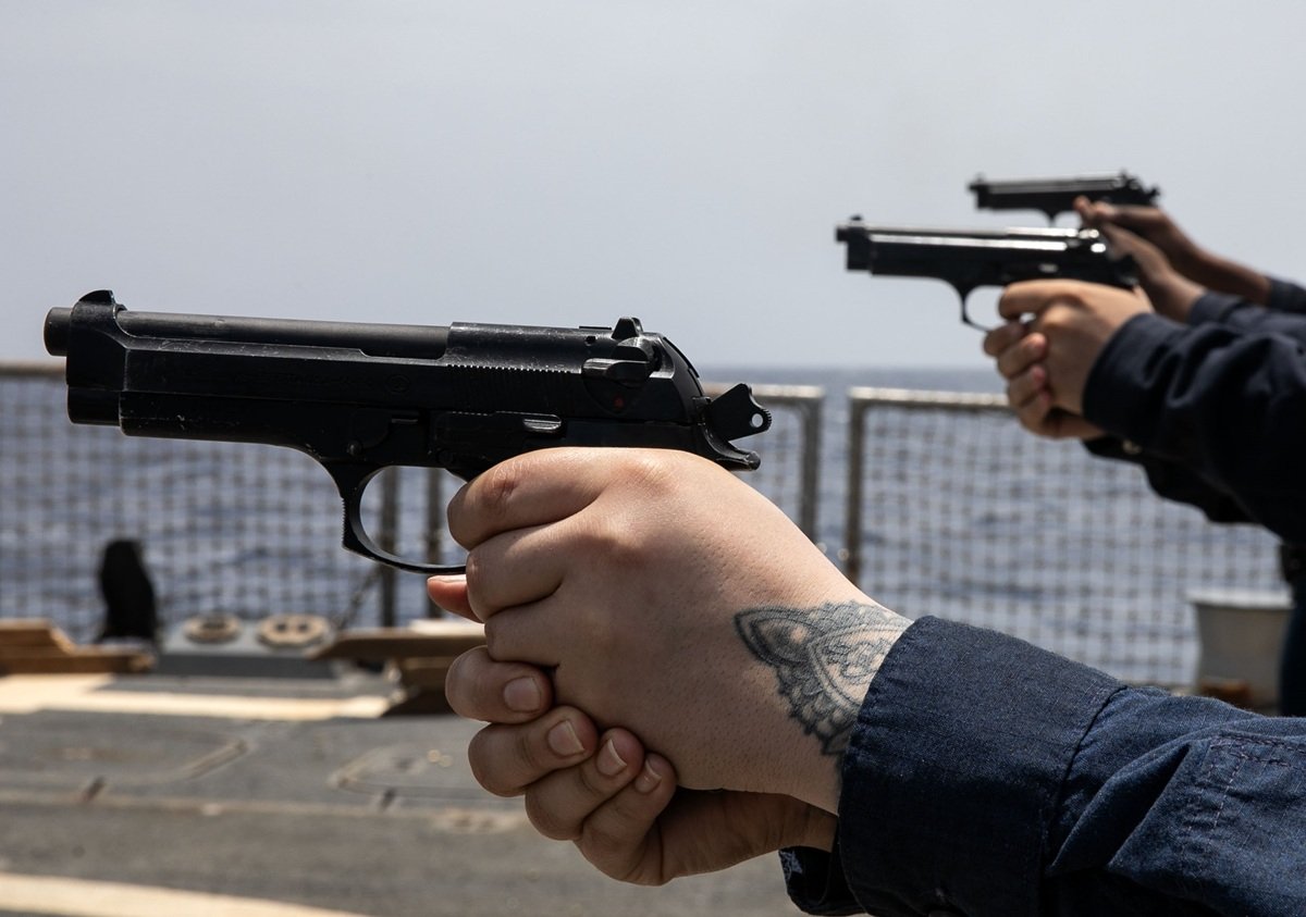 M9 Beretta 9mm being used on the Arleigh-Burke class guided-missile destroyer USS Wayne E. Meyer (DDG 108)