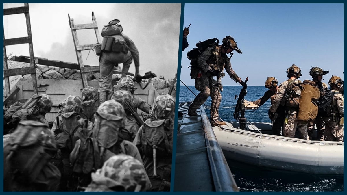 Marines assault a beach and board an assault boat