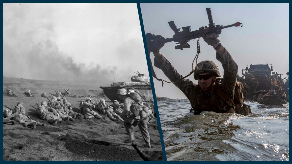 Marine assault beaches in WWII and in 2025