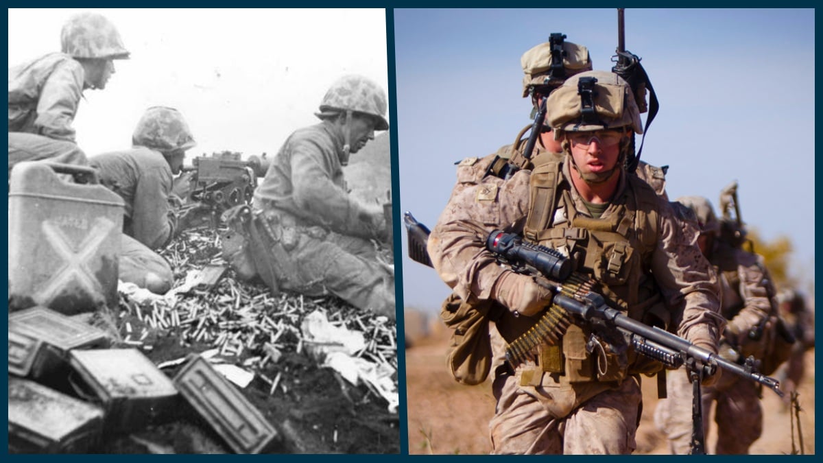 Marine machine gunners in two different wars