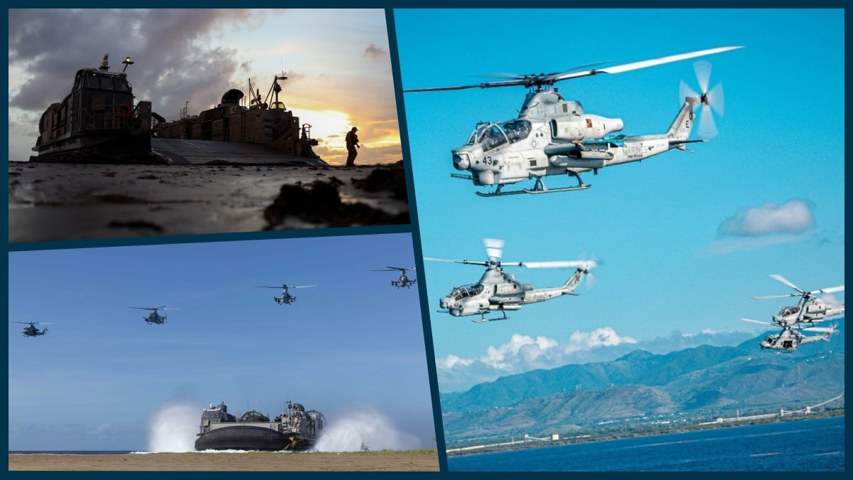 Marine attack helicopters support a beach landing
