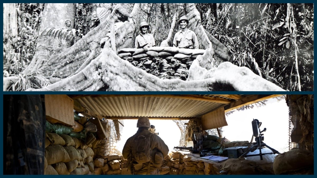 Marines guard positions in WWII and Afghanistan