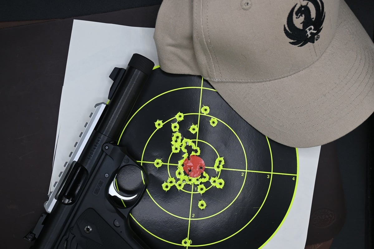 The bull-barreled version of the Mark IV 22/45 equipped with both a Picatinny rail and a threaded muzzle