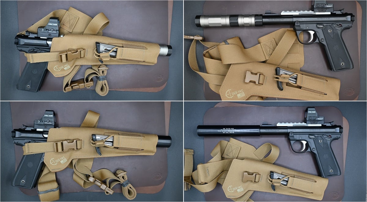 The bull-barreled version of the Mark IV 22/45 equipped with both a Picatinny rail and a threaded muzzle