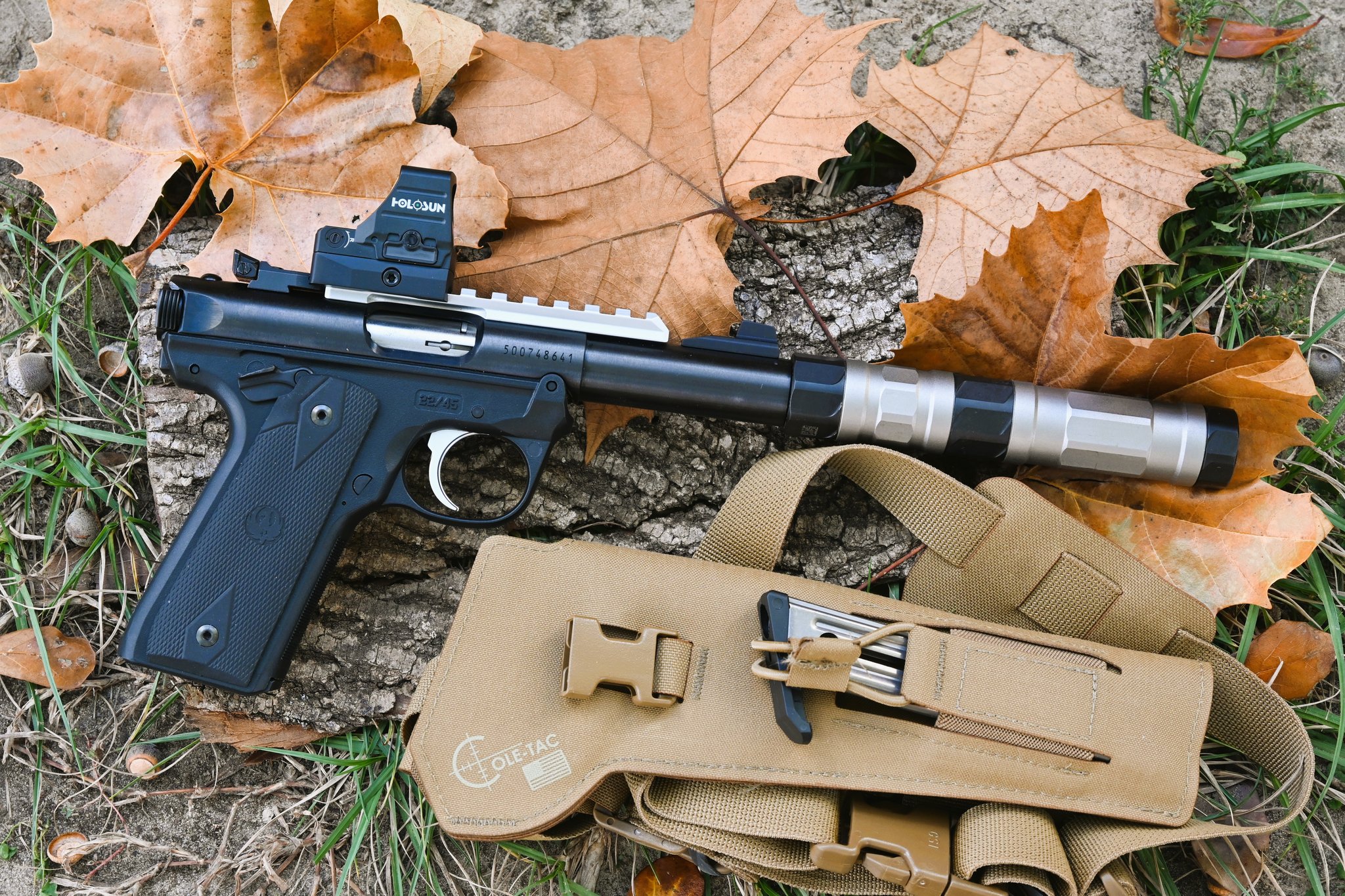 The bull-barreled version of the Mark IV 22/45 equipped with both a Picatinny rail and a threaded muzzle