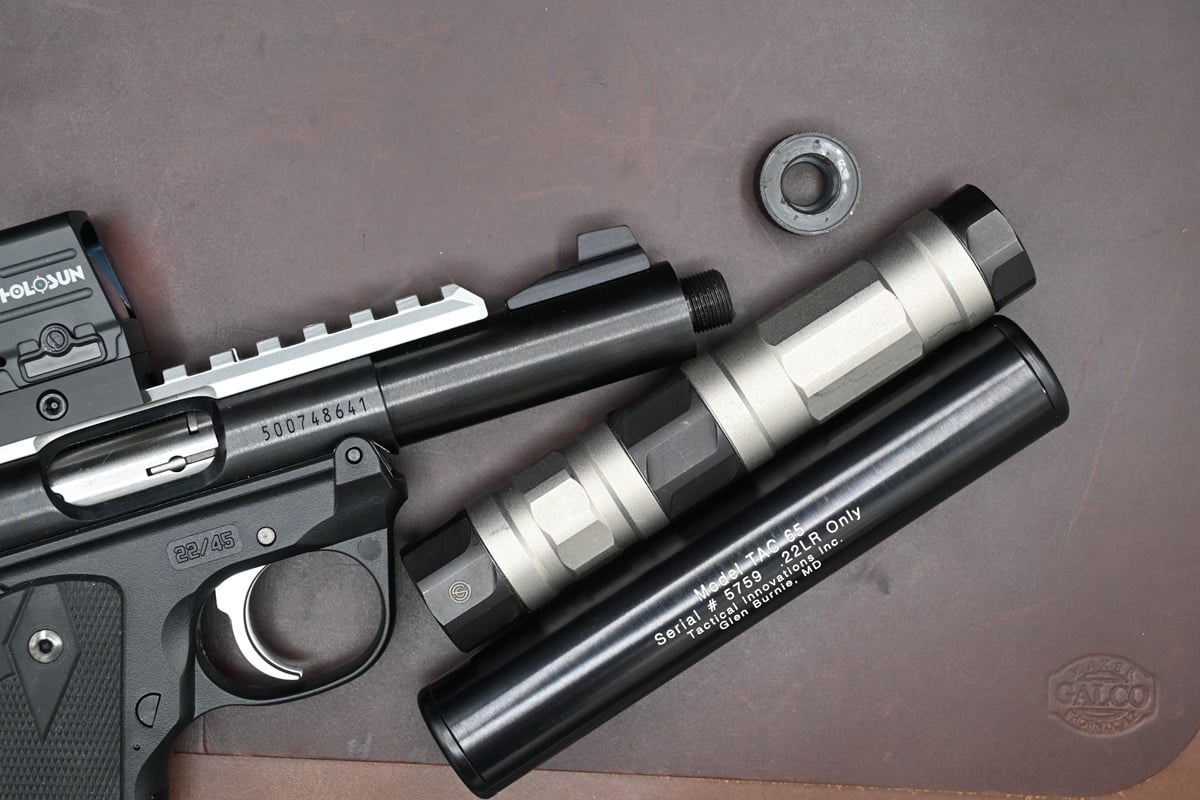 The bull-barreled version of the Mark IV 22/45 equipped with both a Picatinny rail and a threaded muzzle
