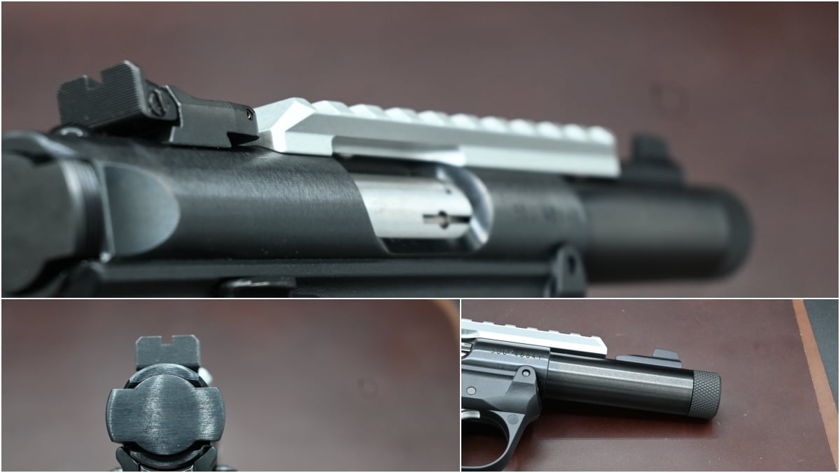 The bull-barreled version of the Mark IV 22/45 equipped with both a Picatinny rail and a threaded muzzle