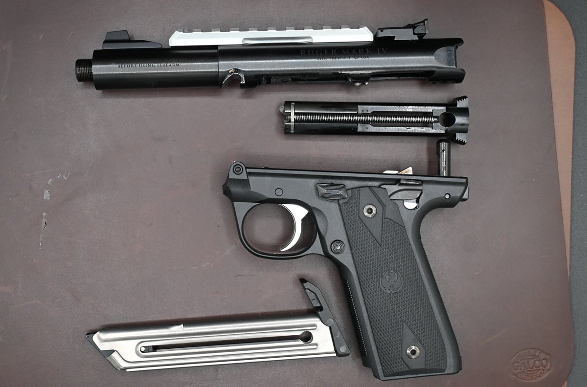 The bull-barreled version of the Mark IV 22/45 equipped with both a Picatinny rail and a threaded muzzle