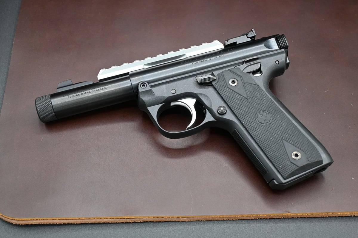 The bull-barreled version of the Mark IV 22/45 equipped with both a Picatinny rail and a threaded muzzle