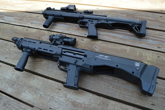 Comparison of Kel-Tec KSG and Standard Manufacturing DP-12 Bullpup Shotguns highlighting size and design differences