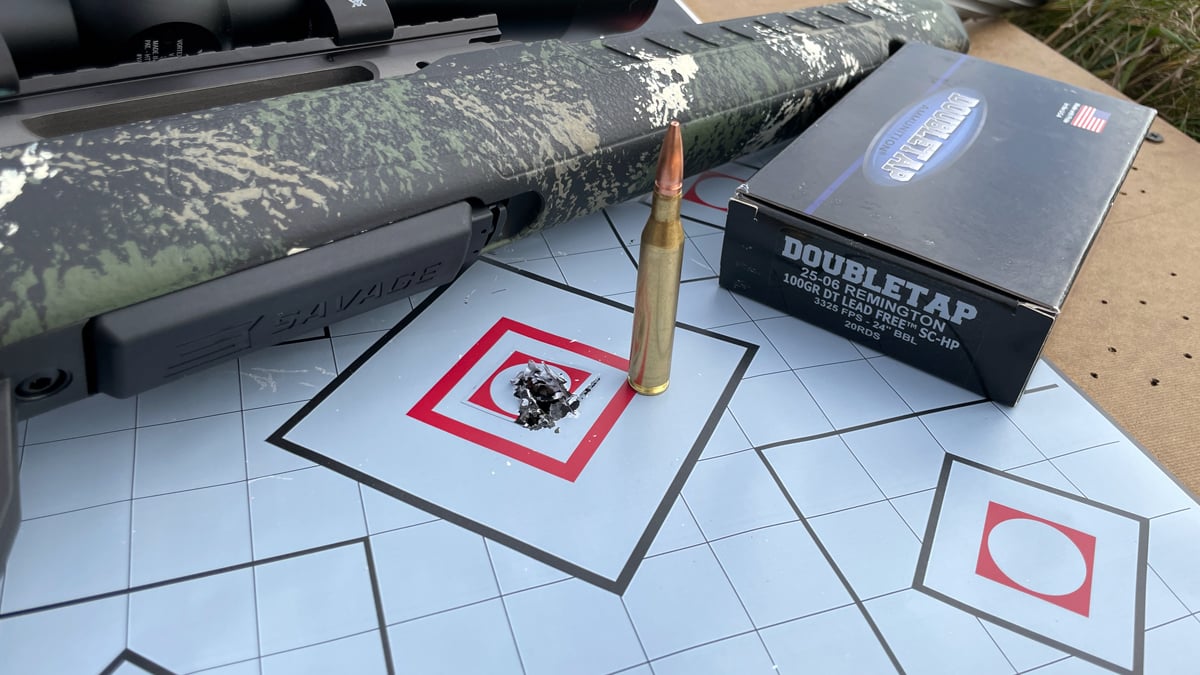 DoubleTap .25-06 Remington ammo with target