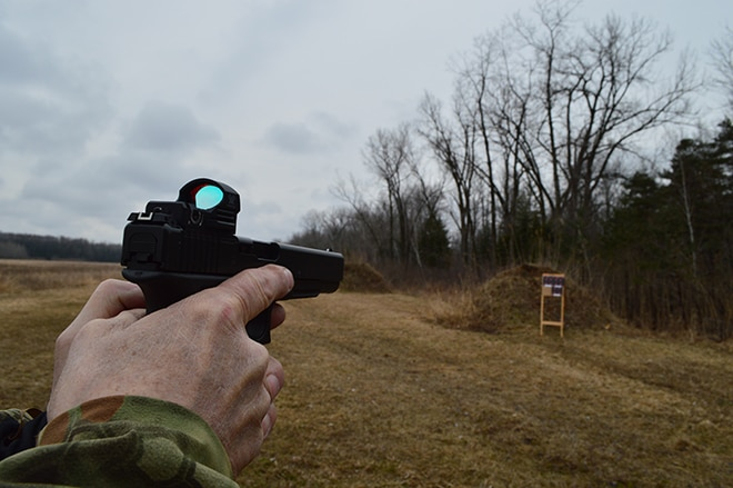 Staring down a 25 yard target fir sight in. (Photo: Kristin Alberts)