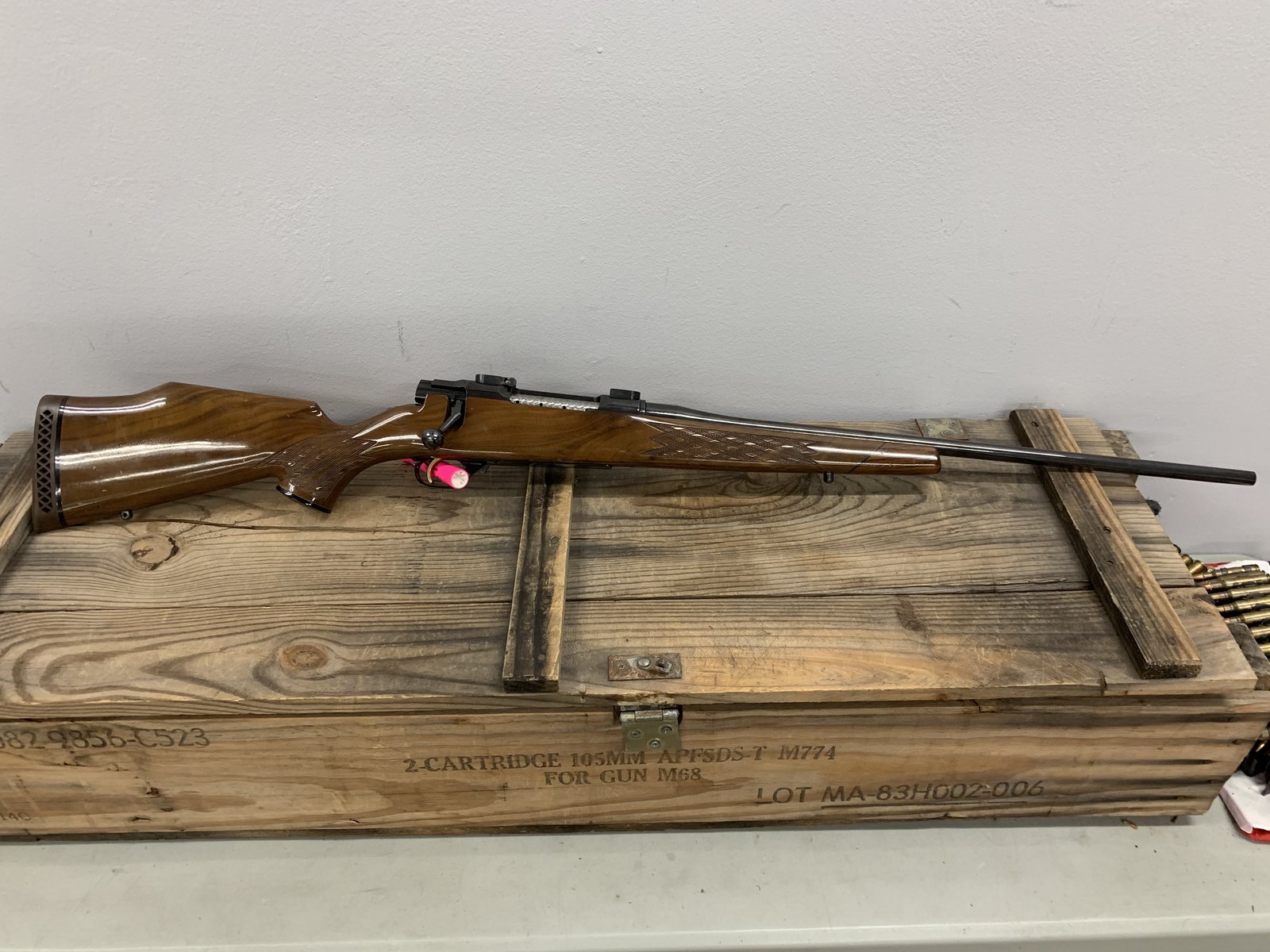 NIKKO FIREARMS CO., LTD. Nikko Stirling MODEL 7000 Golden Eagel, Bolt Action, 7MM Rem Mag, 22In Barrel, OEM Stock, 14k Gold plated Trigger & Eagel Emblem, Blued Finish, OEM Case,