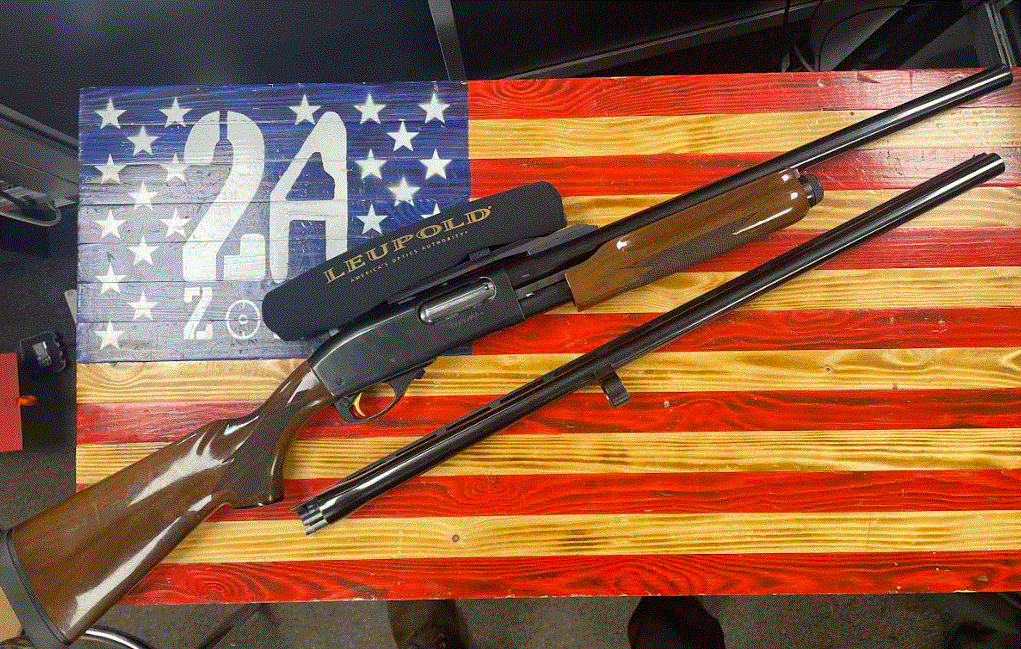 REMINGTON Remington 870 Wingmaster, Blued, 12 guage, gold trigger, 19.5" Barrel, comes w/ 28.5" hunting barrel, 2 - 7x 33 Leupold Optic, high shine wood furniture.