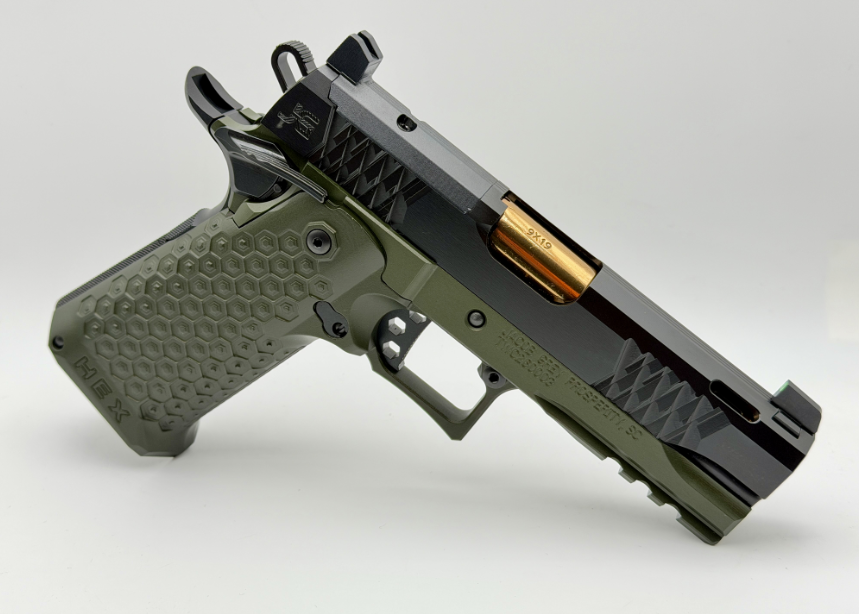 JACOB GREY FIREARMS TWC HEX DS ROSE GOLD BARREL OPTIC READY WITH NIGHT SIGHTS (BLACK/DUTY GREEN)
