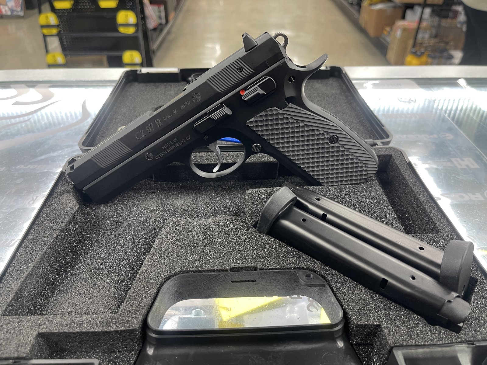 CZ CZ-USA 97B, 45ACP, Semi-auto, 4.6inch Barrel, Black, Oem Case, 2 Magazines, Cable lock, Lok Grips