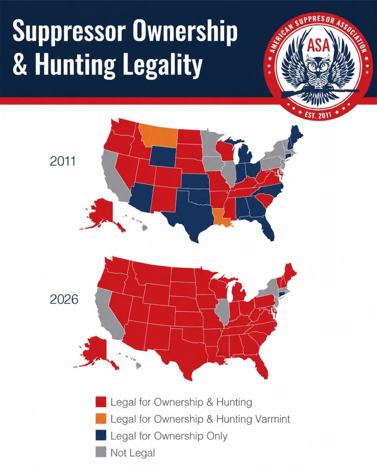 suppressor ownership and hunting legality 2011 vs 2026